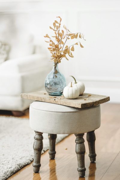 Living room decoration, white pumpkin. Aesthetic.